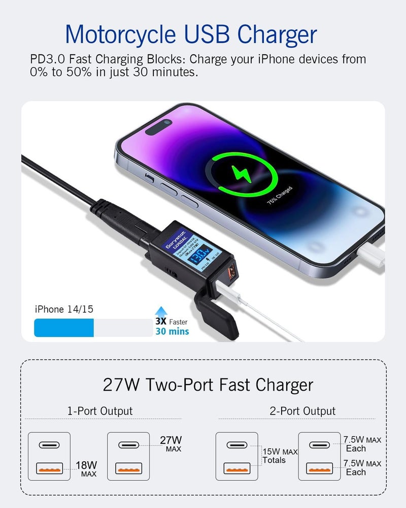 Garystat Motorcycle USB-C Charger, SAE to USB Adapter, 27W Dual Port USB Fast Charger with Voltmeter/Ammeter & ON/Off Switch, Perfect for Charging Phone, Tablet, GPS etc - Image 2